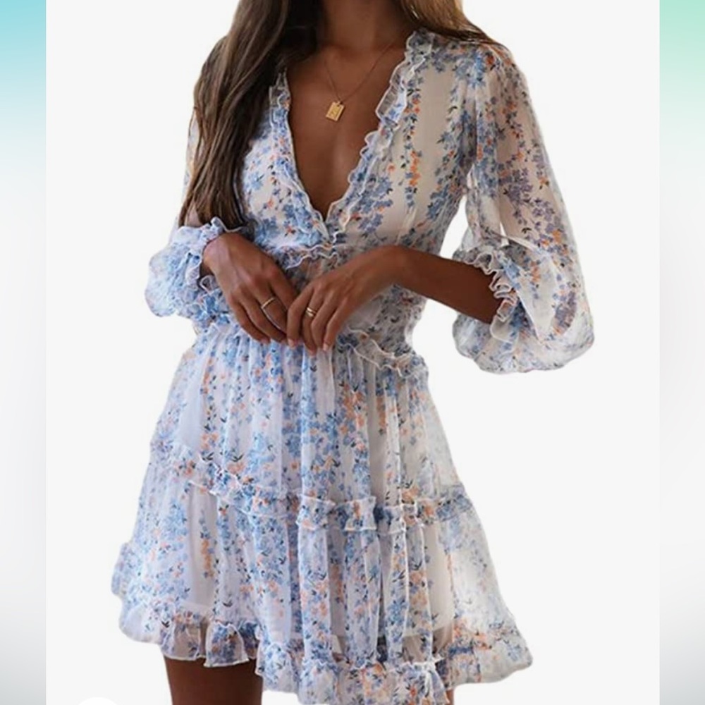 Summer Ruffle Long Sleeve Floral Print Mini Dress